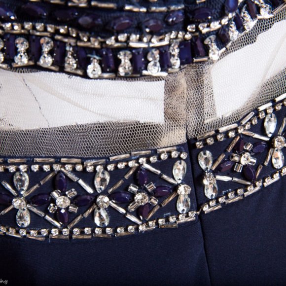 Coya Long Beaded Formal Blue Halter High Neck Keyhole Dress NWT $329 XS - Picture 11 of 14